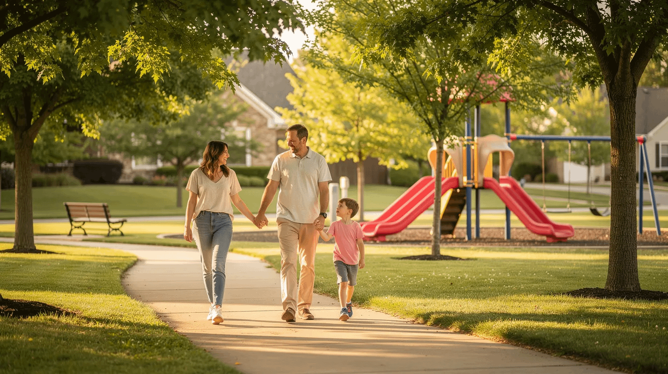 A family is walking together in a suburban park, surrounded by tall trees and playful children enjoying the playground equipment. This scene reflects the importance of family law matters, such as child custody and support, which can impact families during divorce proceedings.