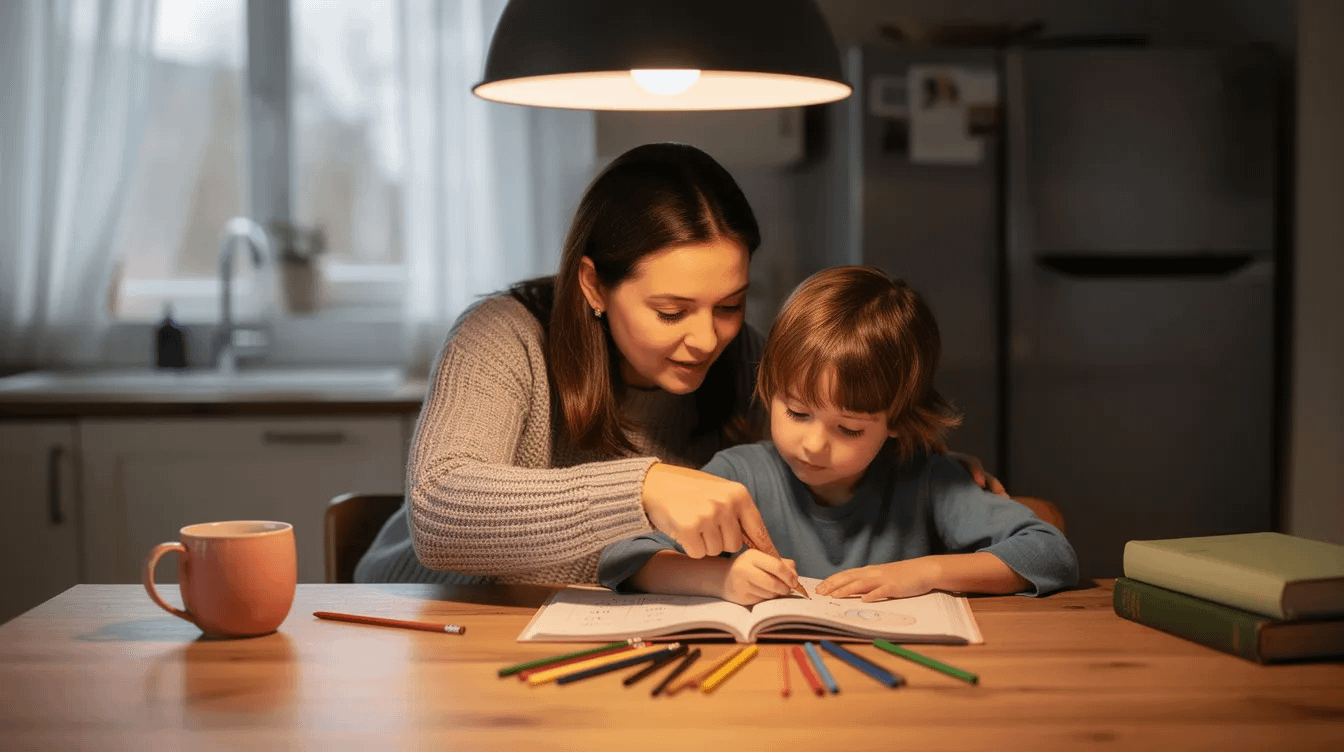A parent is assisting their child with homework at a kitchen table, creating a supportive environment for learning. This scene highlights the importance of family dynamics, especially in the context of family law matters such as child custody and support.