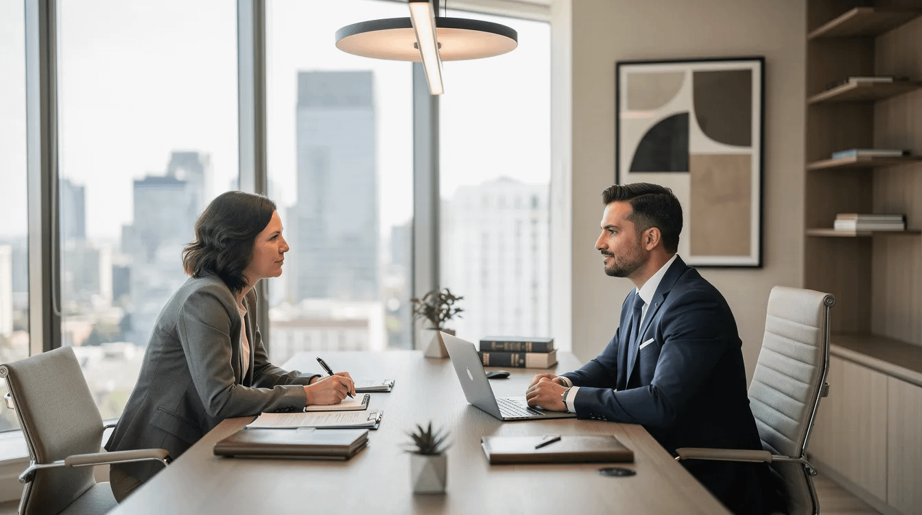 A family law attorney is seen engaged in a professional consultation with a client in a modern office setting, discussing crucial child support and custody issues. The attorney provides legal guidance, emphasizing personalized service and extensive experience in navigating family law cases in Tustin and Orange County.