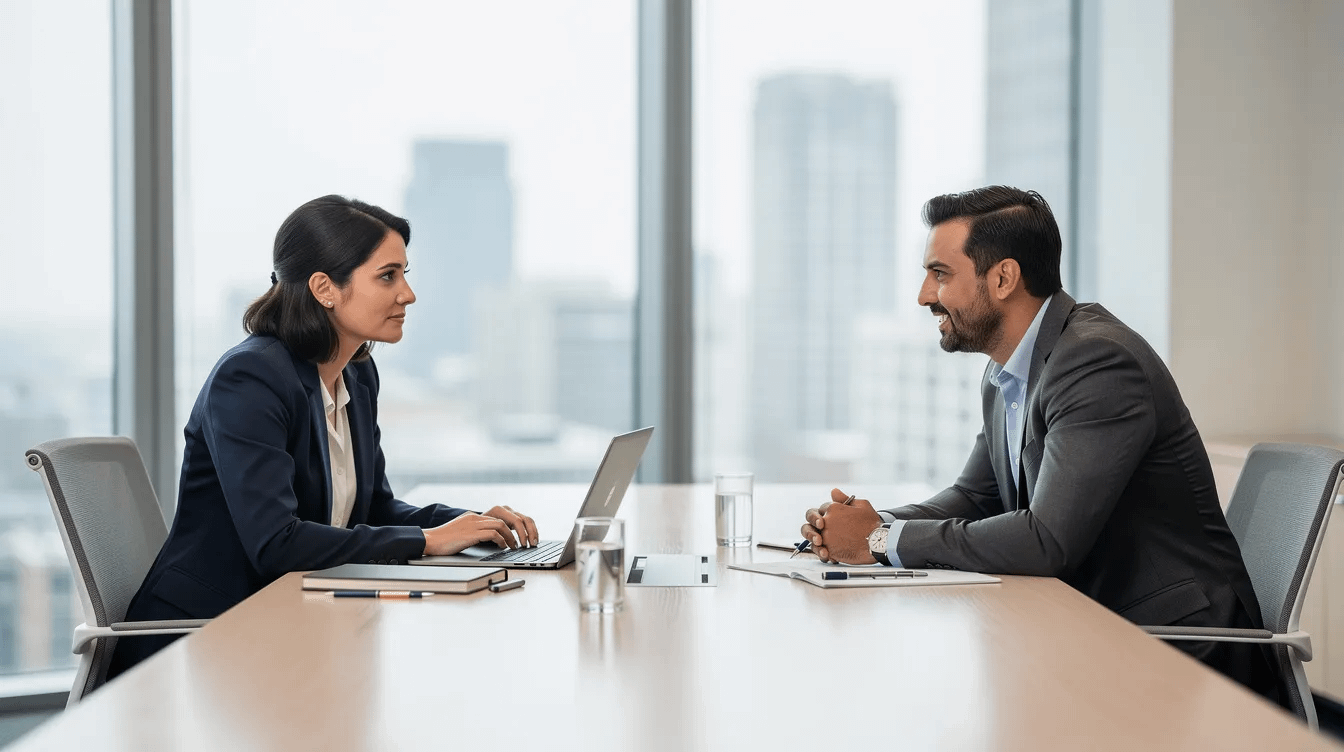 The image shows two professionals engaged in a calm discussion at a conference table, likely negotiating important family law matters such as divorce mediation or child custody. Their focused demeanor suggests they are working towards amicable solutions in the mediation process, emphasizing the importance of resolving legal issues peacefully.