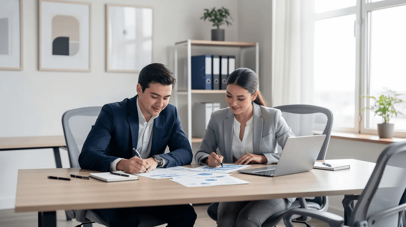 The image depicts a professional office setting where two individuals are seated at a desk, intently reviewing legal documents. This scene suggests a discussion related to family law matters, such as divorce proceedings or child custody disputes, emphasizing the importance of legal counsel in navigating these complex issues.