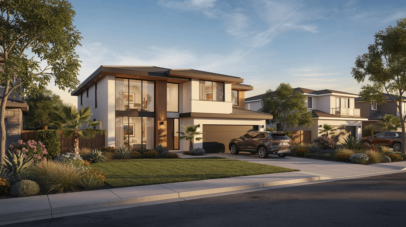 The image depicts a modern family home nestled in a California suburban neighborhood, surrounded by lush green landscaping. This inviting residence symbolizes the essence of family life, often a central focus for family law attorneys addressing matters such as child custody and divorce proceedings.