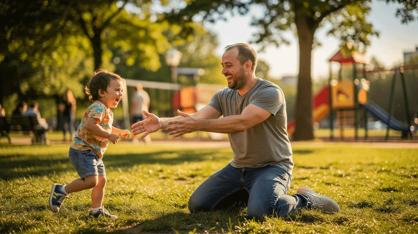 A father and his young child are joyfully playing together in a sunny park, surrounded by green grass and trees, emphasizing the importance of family relationships and the emotional well-being of the child. This scene highlights the meaningful relationship between a biological father and his child, which can be crucial in discussions about child custody and family law matters.