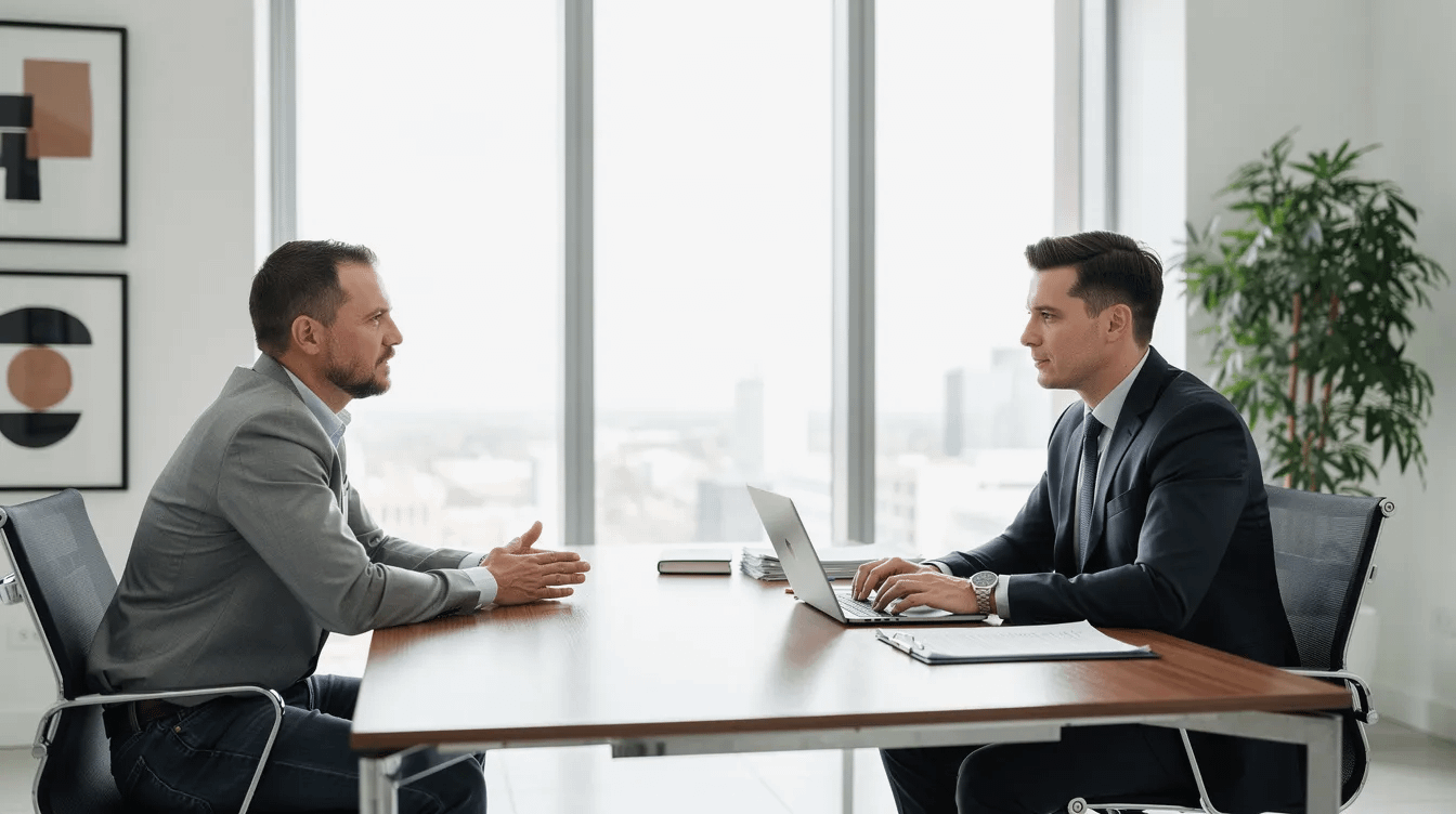 The image depicts a professional meeting between a family law attorney and a client in a modern office, where they are discussing important family law matters such as child custody and divorce proceedings. The attorney, with years of experience representing clients in Tustin, CA, is providing legal representation and personalized guidance to ensure the best possible outcome for the client's divorce case.
