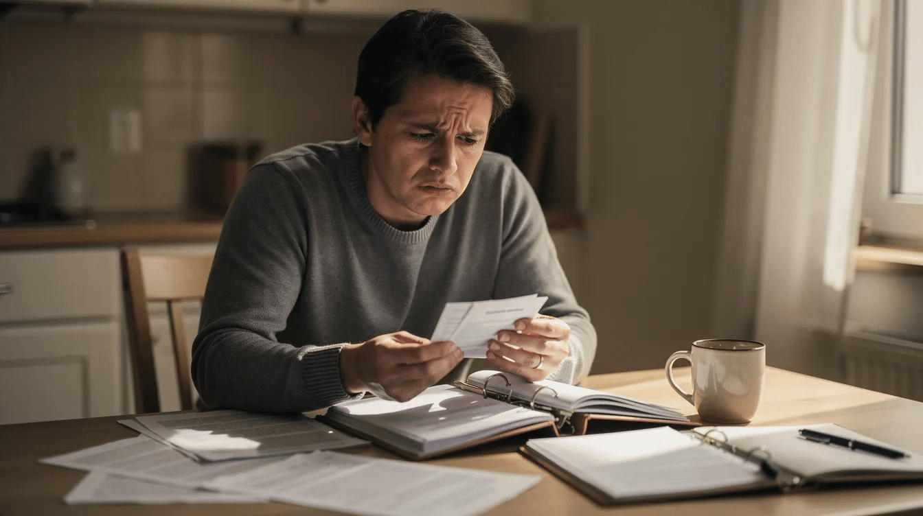 The image depicts a concerned individual sitting alone at a desk, intently examining paperwork that likely pertains to family law matters such as child custody or spousal support. The atmosphere suggests a moment of contemplation regarding the complexities of a divorce case, possibly involving legal custody and property division.