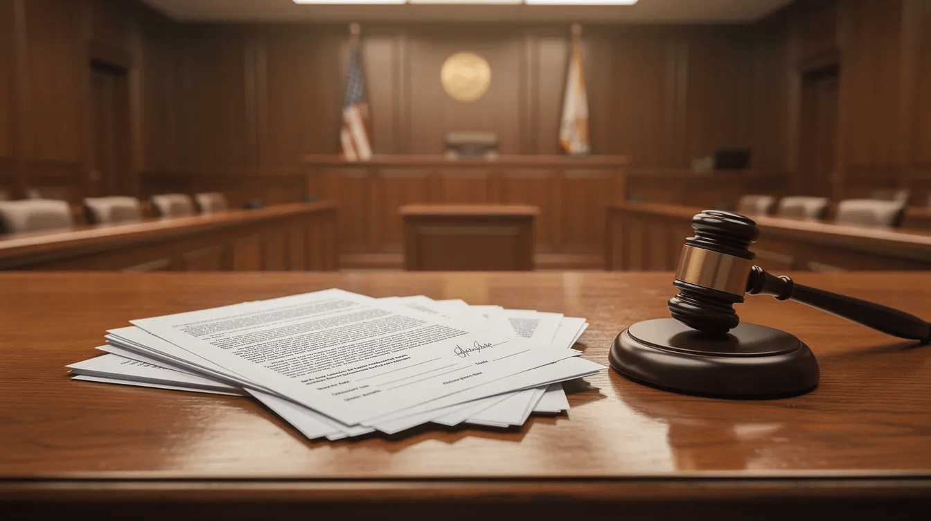 The image depicts a set of legal documents alongside a gavel on a wooden desk, set in a courtroom environment. This scene symbolizes the serious nature of domestic violence cases and the legal proceedings involved, highlighting the role of experienced domestic violence attorneys in navigating such complex legal matters.