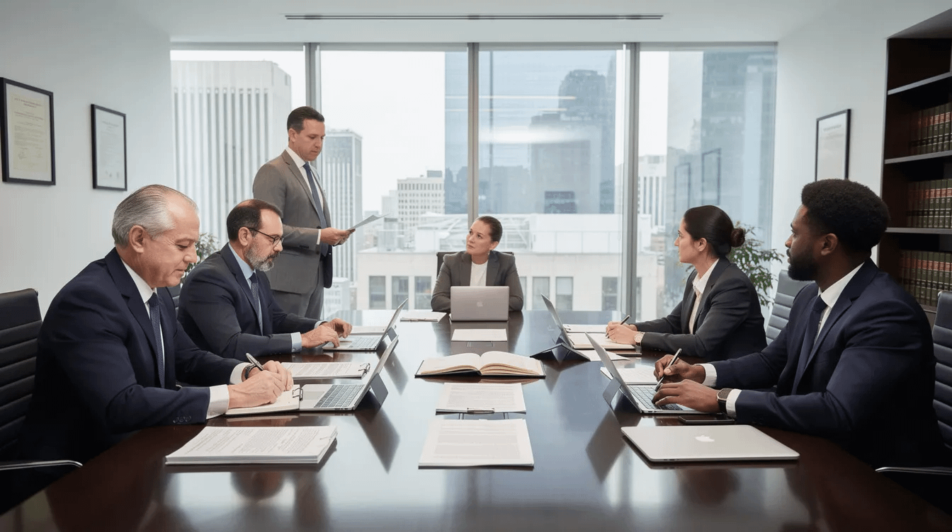 The image depicts a professional meeting taking place in a modern law office, featuring a sleek conference table covered with various legal documents. This setting suggests discussions around important topics such as same sex divorce, child custody, and property division, highlighting the strategic legal counsel provided by divorce attorneys in Irvine for same sex couples.