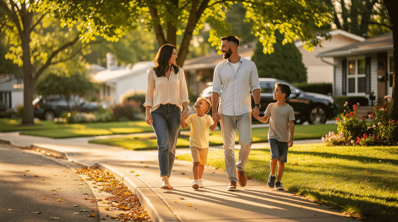 A family is walking together on a tree-lined suburban street, enjoying quality time and bonding as they navigate their neighborhood. The scene reflects the importance of family connections, which can be crucial in family law matters, including child custody and support cases.