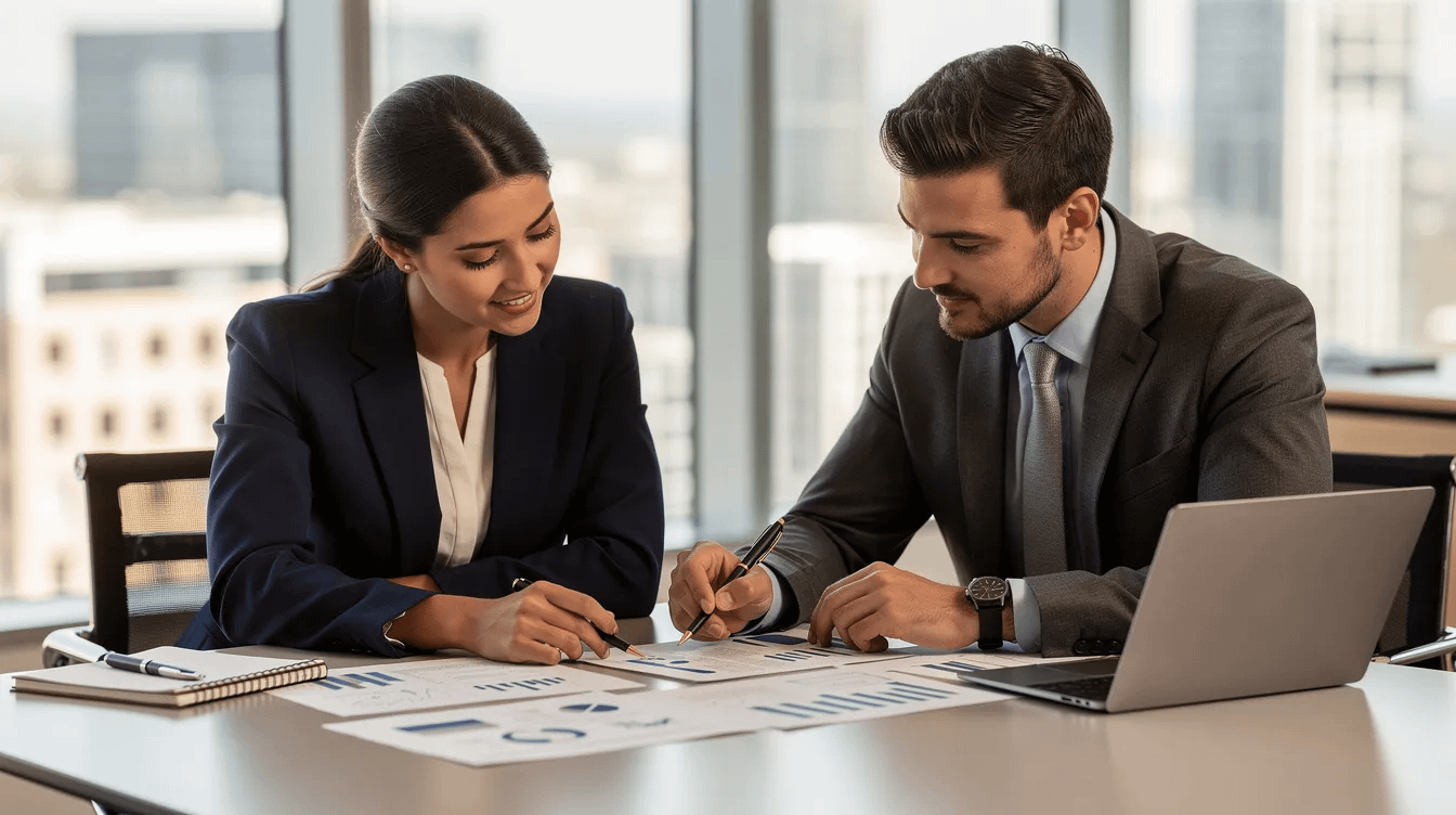 The image shows two professionals engaged in a consultation meeting, discussing various documents related to family law matters, including property division and child custody. Their focused interaction suggests they are addressing important issues like marital assets and spousal support, aiming for a fair outcome in the context of divorce proceedings.