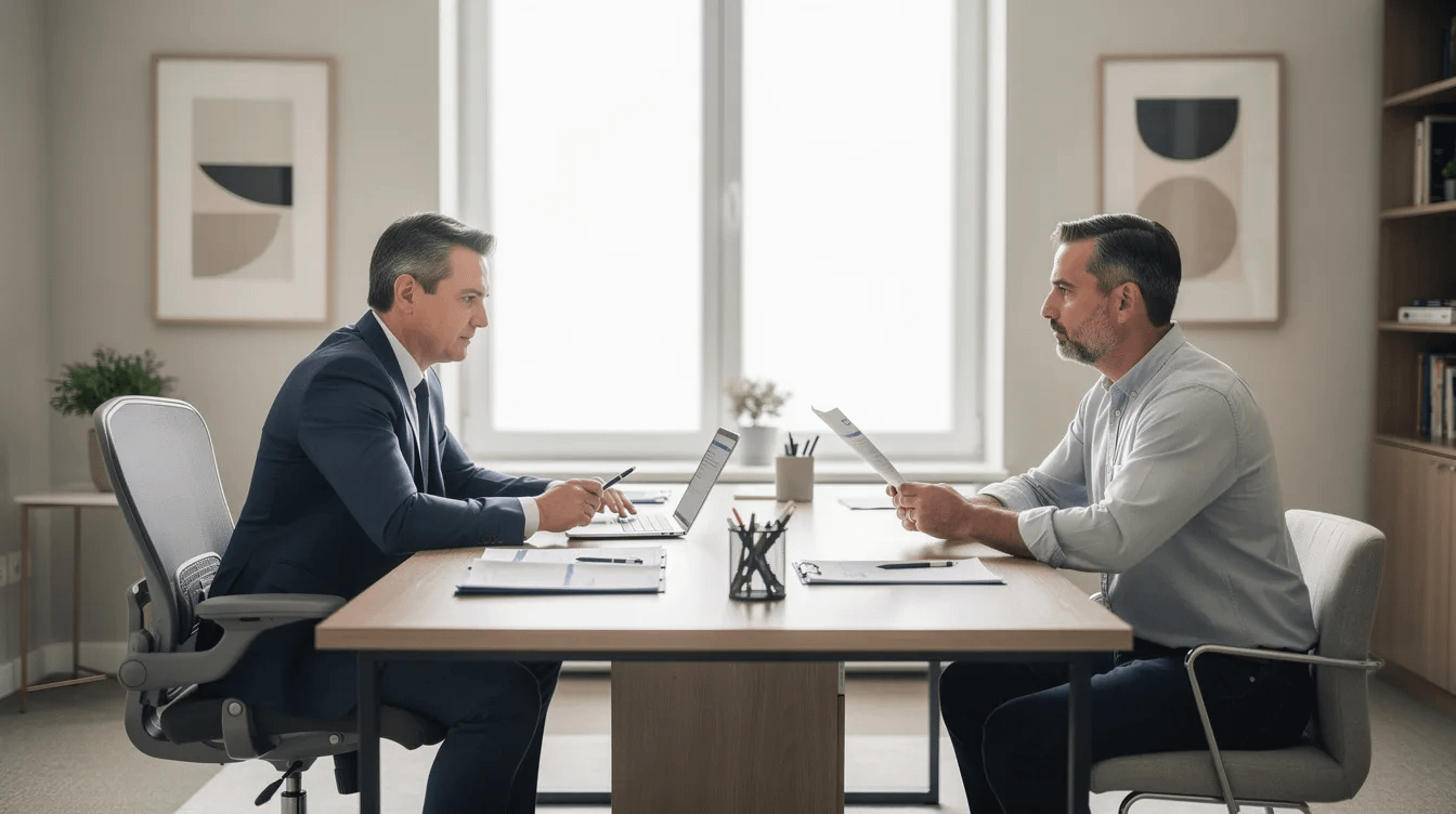 The image depicts a professional office consultation room where a divorce lawyer and a client are engaged in a discussion, reviewing important documents at a desk. This setting emphasizes the legal process involved in family law matters, such as child custody and spousal support, highlighting the expertise of family law attorneys in Santa Ana.