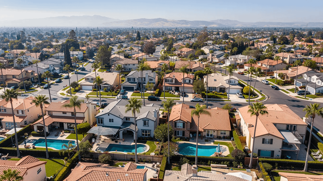 An aerial view captures a picturesque Orange County neighborhood filled with residential homes and swaying palm trees, showcasing the vibrant community. This serene setting may be a backdrop for various family law matters, where experienced family law attorneys assist clients in navigating issues such as child custody and property division.