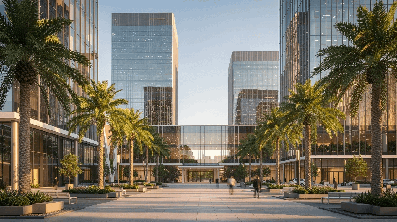 The image depicts modern glass office buildings in a bustling business district, framed by tall palm trees, symbolizing the vibrant economic environment of California. This setting reflects the high net worth individuals and complex financial cases often associated with high asset divorce attorneys navigating issues like separate property and community assets.