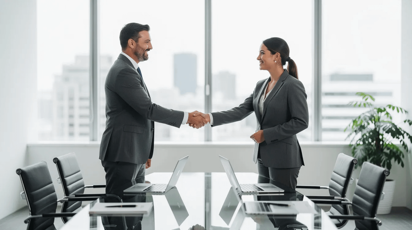 The image shows two professionals, likely family law attorneys, shaking hands across a conference table in a bright modern office, symbolizing a collaborative approach to resolving family law matters such as divorce and child custody disputes. The setting reflects a commitment to legal expertise and a fair resolution in the divorce process.