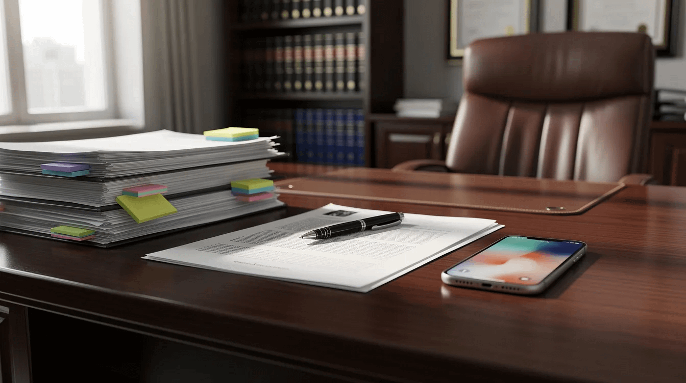 The image depicts a professional office setting with a neatly organized desk featuring legal documents and a phone, symbolizing the work of legal professionals handling domestic violence cases. This environment suggests a focus on family law matters, including domestic violence restraining orders and the support provided to clients navigating the legal system.
