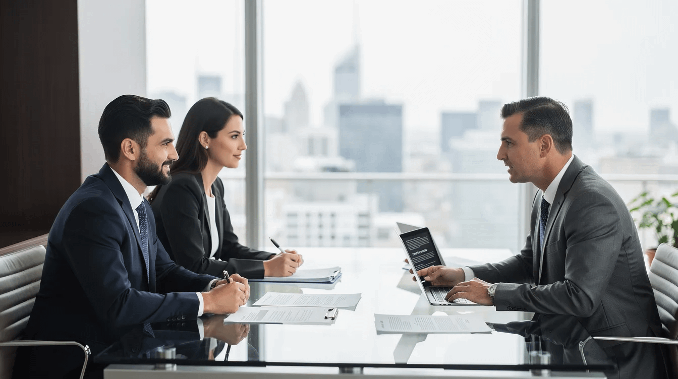 A professional couple is seated at a table in a modern office, engaging in a discussion with an experienced family law attorney regarding their prenuptial agreement. The atmosphere is focused and collaborative, emphasizing the importance of independent legal counsel to address financial matters and protect their individual assets under California law.
