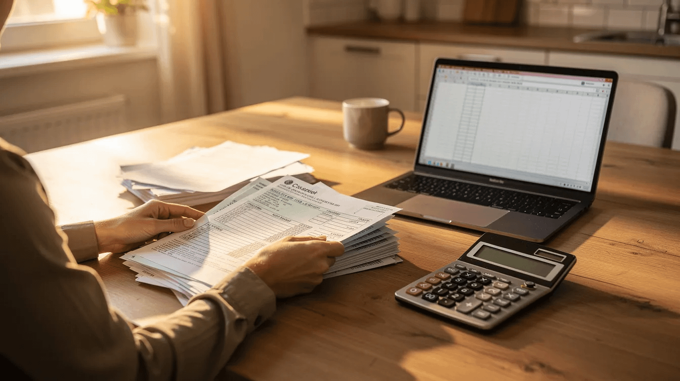 A parent reviewing household finances and child support paperwork with a calculator at a kitchen table