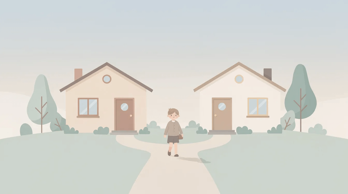 Illustration of two households connected by a path representing shared parenting time and child support